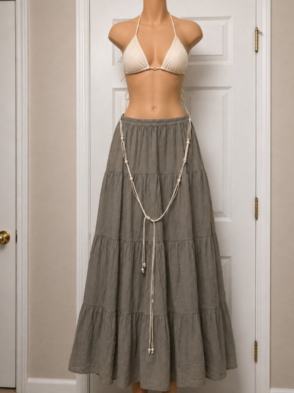 Passport Olive Green Linen Blend tired Midi Coastal Boho Skirt Size Medium - Picture 1 of 5